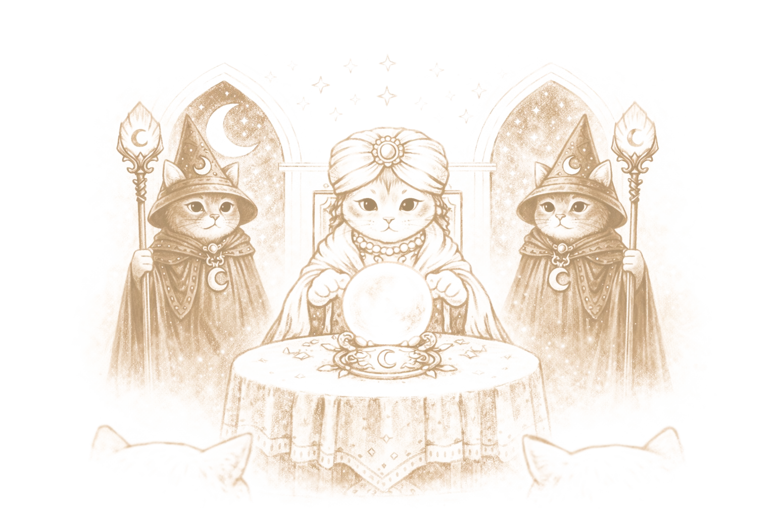 Tarot-style illustration of a fortune-teller cat with two guard cats